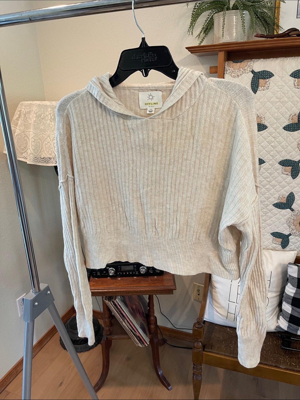 Women's Aerie Offline Cream Ribbed Cropped Hoodie